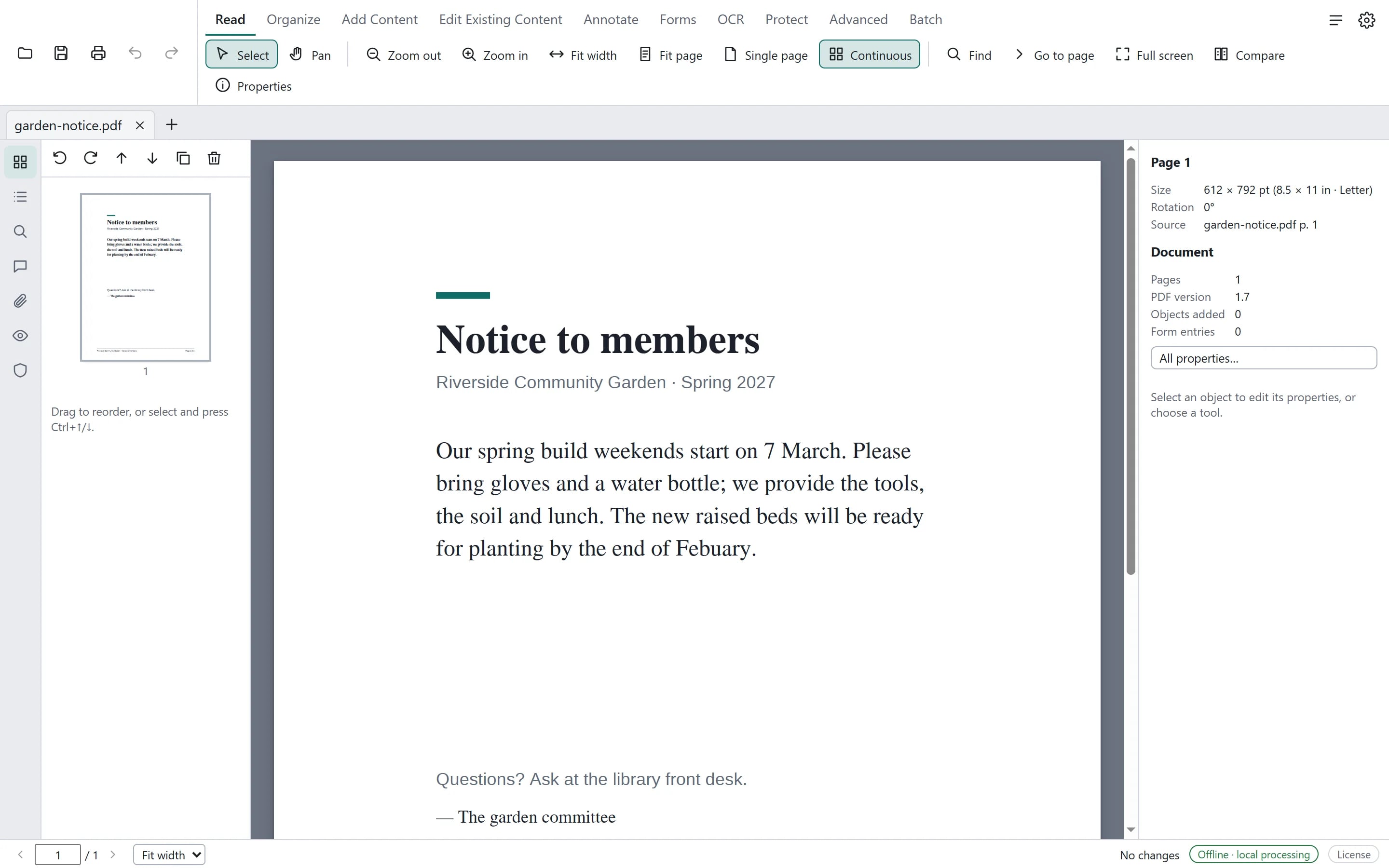 Pagewright PDF Editor on Windows with a notice open; its last sentence says the beds will be ready by the end of “Febuary”.