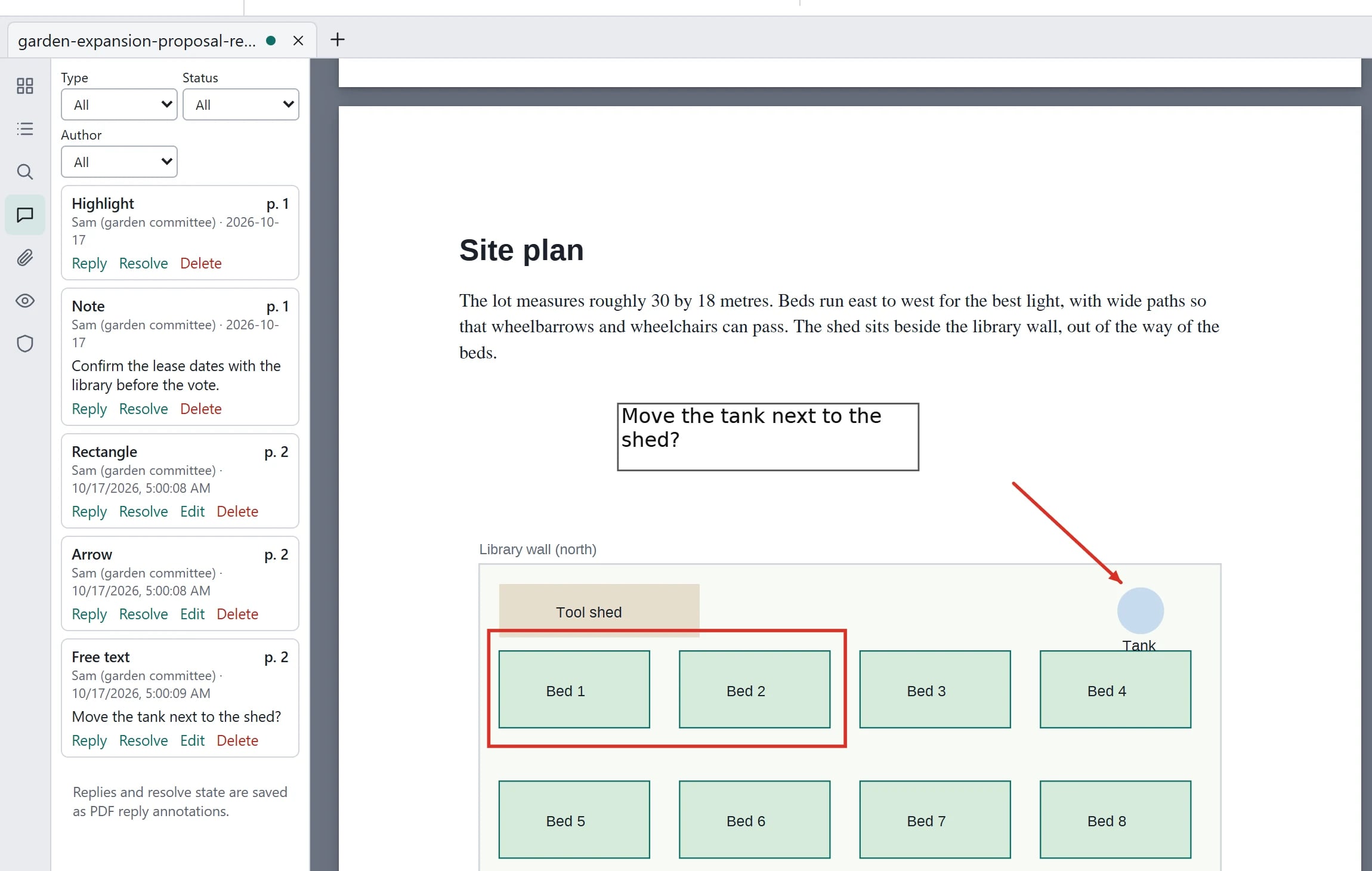 Close-up of a site plan with a red rectangle, a red arrow and a free-text comment, and the Comments panel listing a highlight, a note, the rectangle, the arrow and the free text, each with Reply and Resolve.