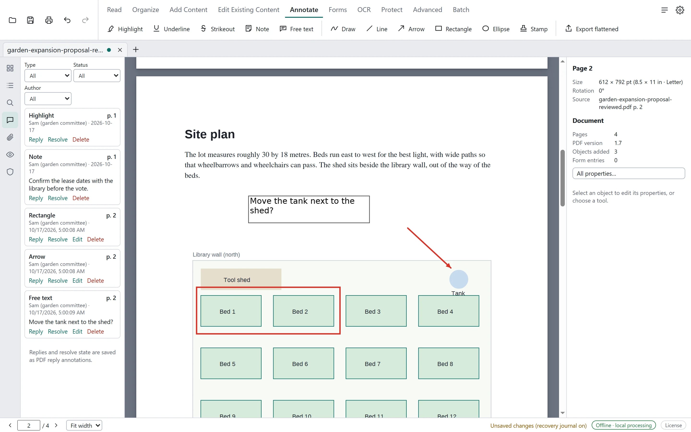 A site plan page with a red rectangle around two garden beds, a red arrow pointing to a water tank and a free-text comment; the Comments panel lists each annotation with Reply, Resolve and Delete.