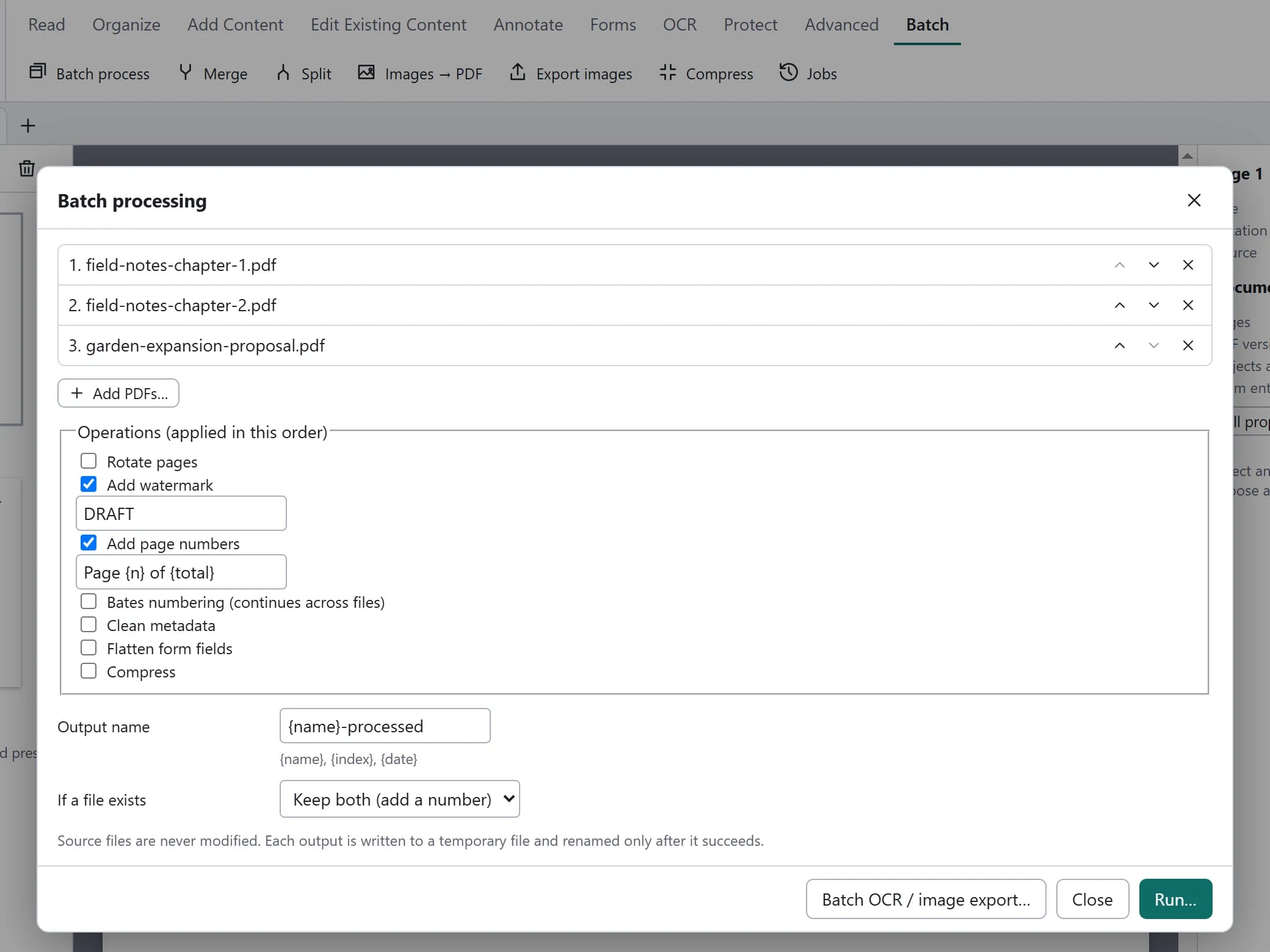 Close-up of the Batch processing dialog: three PDFs listed in order, Add watermark (DRAFT) and Add page numbers (Page {n} of {total}) ticked, an output name pattern and a rule for existing files.