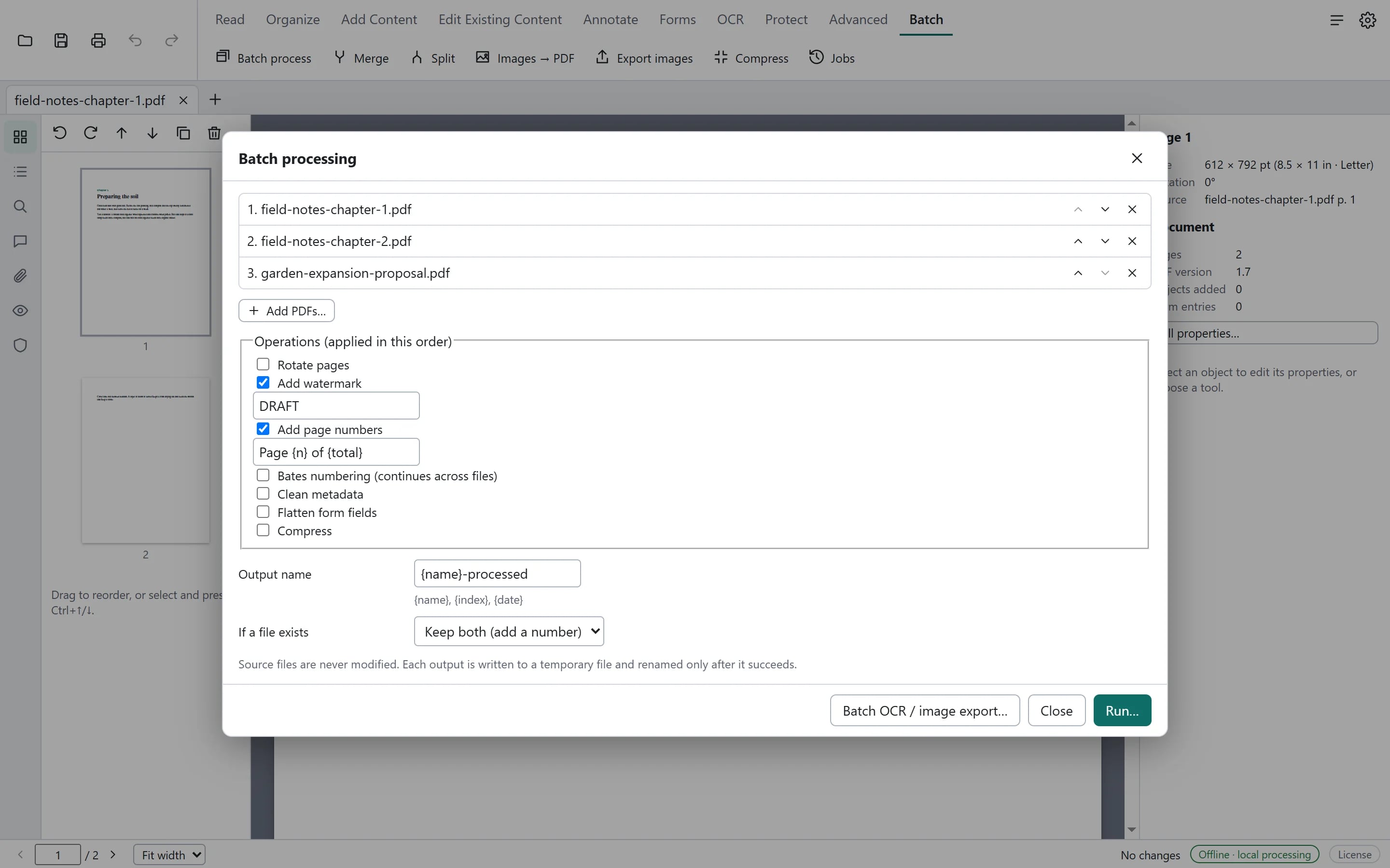 The Batch processing dialog with three PDFs listed and the operations Add watermark and Add page numbers ticked.