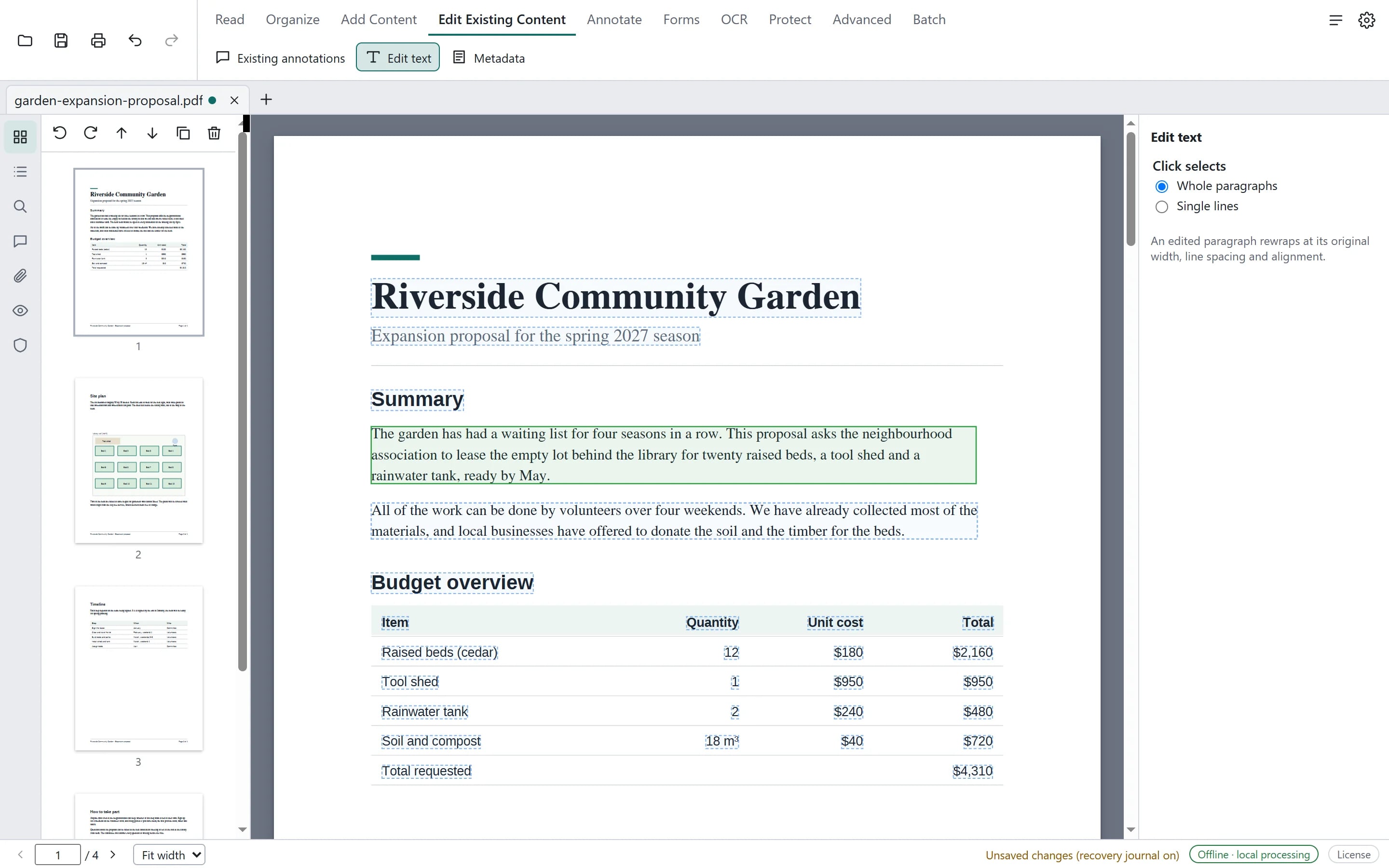 The edited paragraph rewrapped on the page at its original width and font, marked as edited with a green outline.
