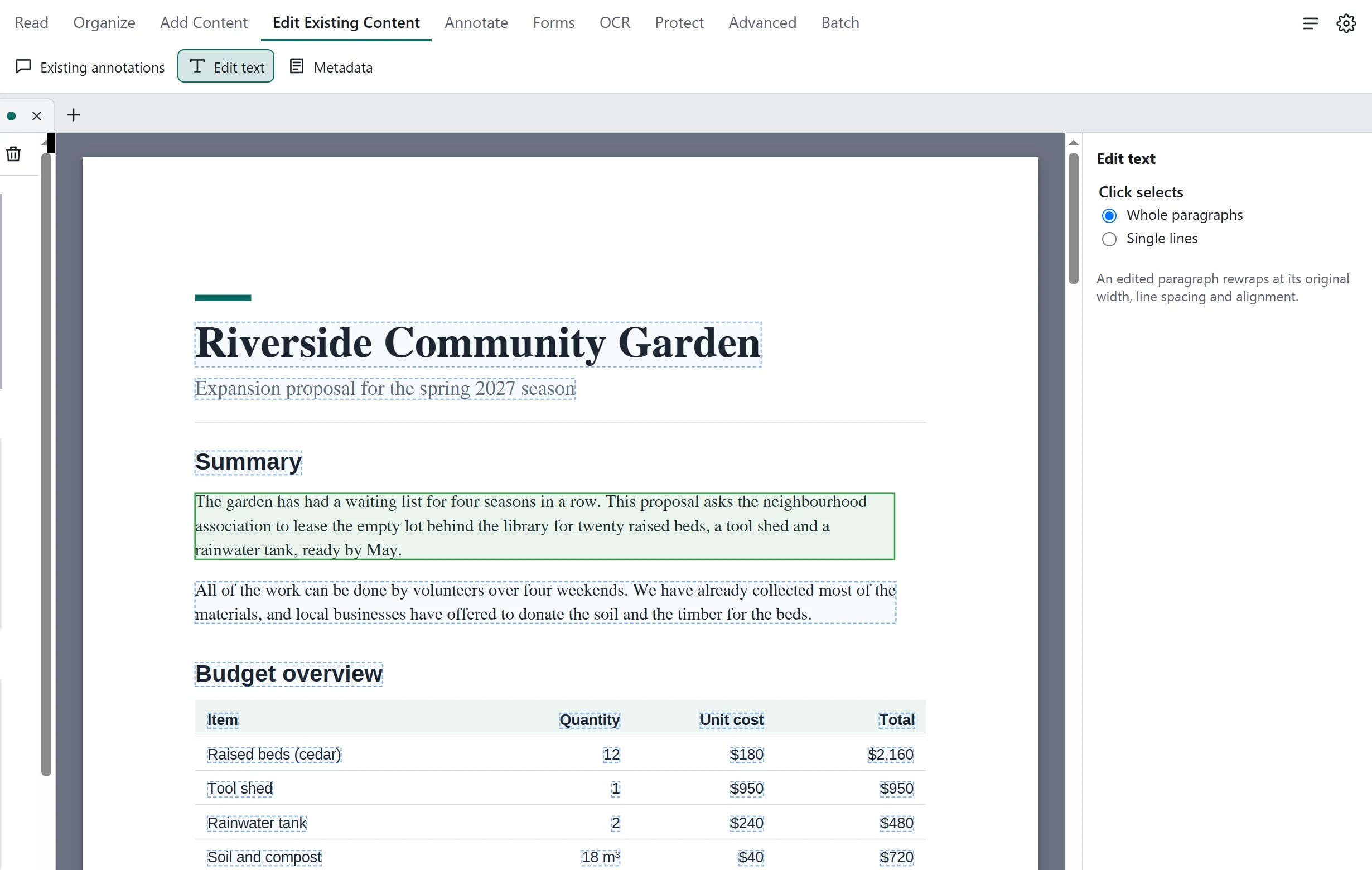 Close-up of the Edit text tool: the edited summary paragraph rewrapped on the page with a green outline, other text outlined with dashes, and the Whole paragraphs or Single lines choice on the right.