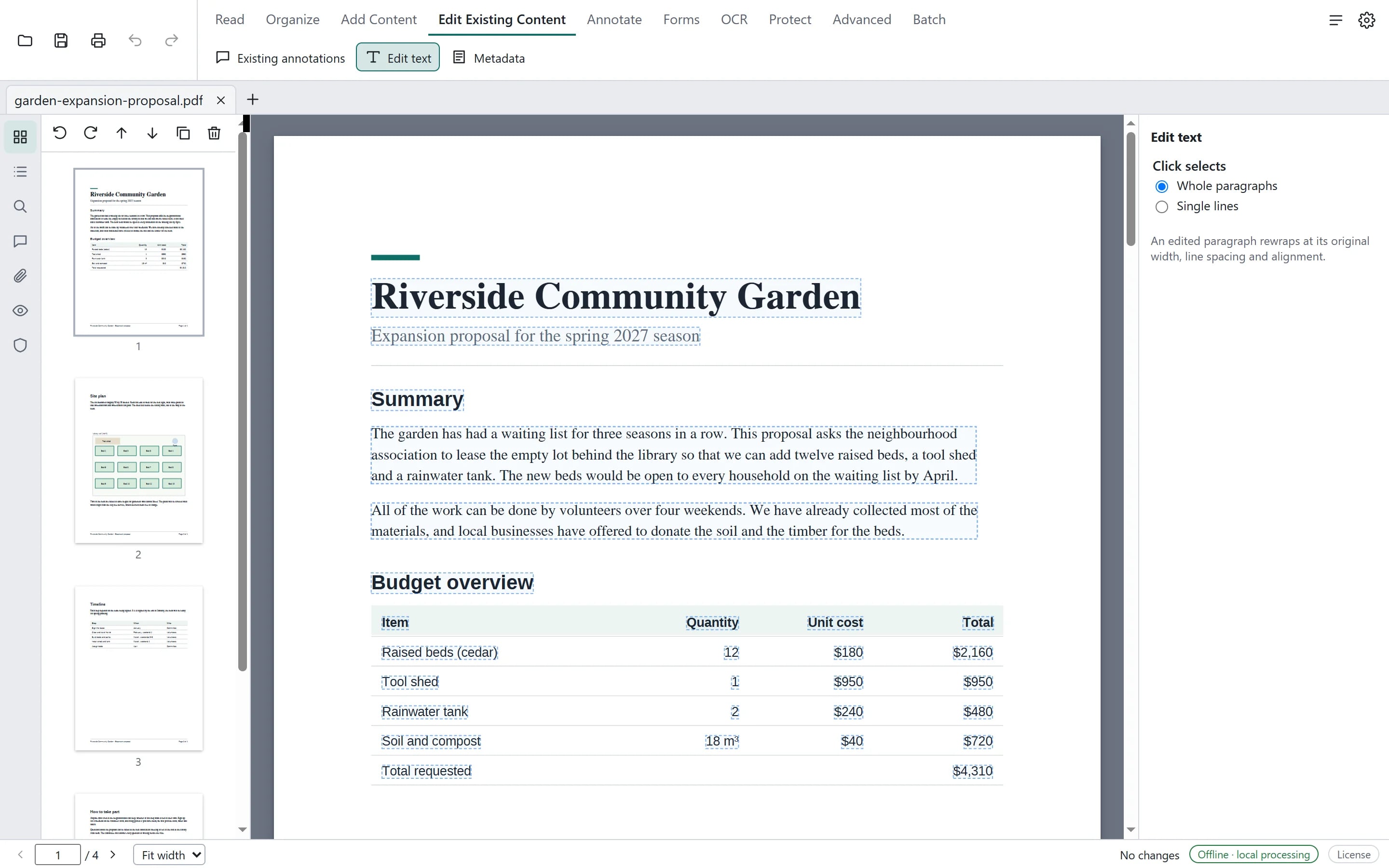 The Edit text tool active: every paragraph and line on the page has a dashed outline, and the panel on the right offers Whole paragraphs or Single lines.