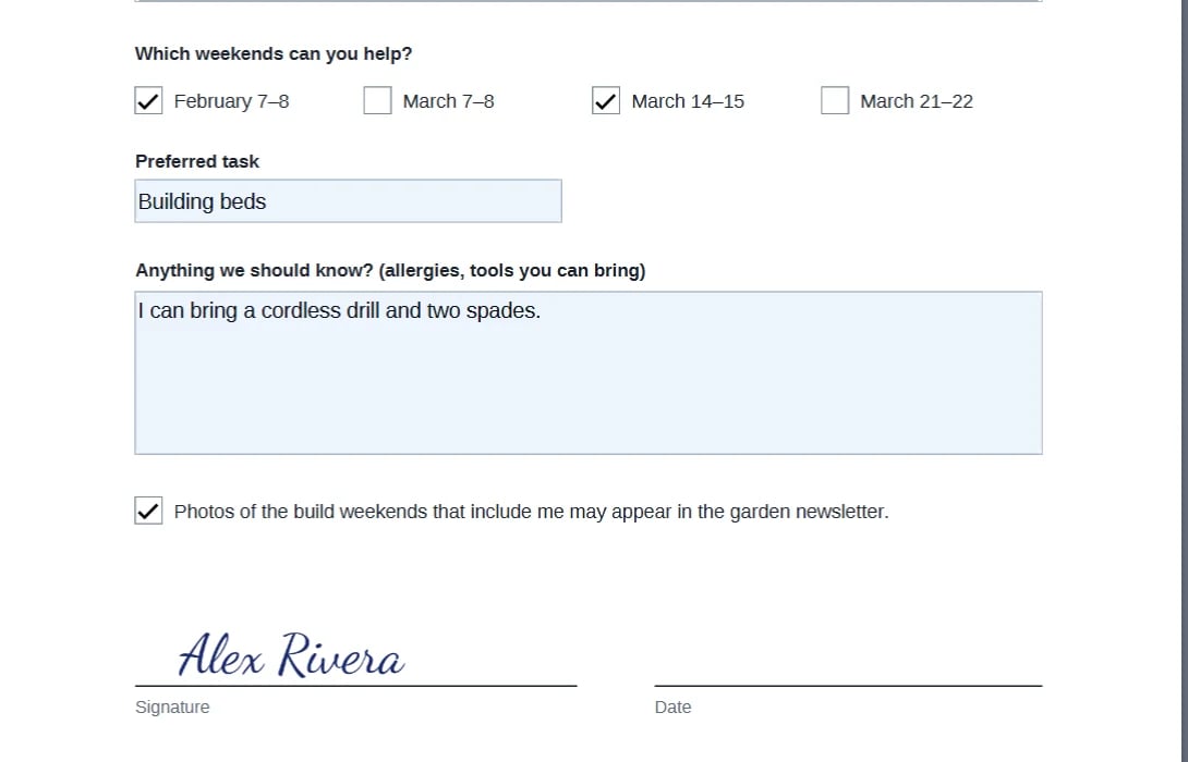Close-up of a filled form: two of four weekend check boxes ticked, Building beds chosen as the task, a typed note, a ticked consent box and a handwritten-style visible signature on the signature line.