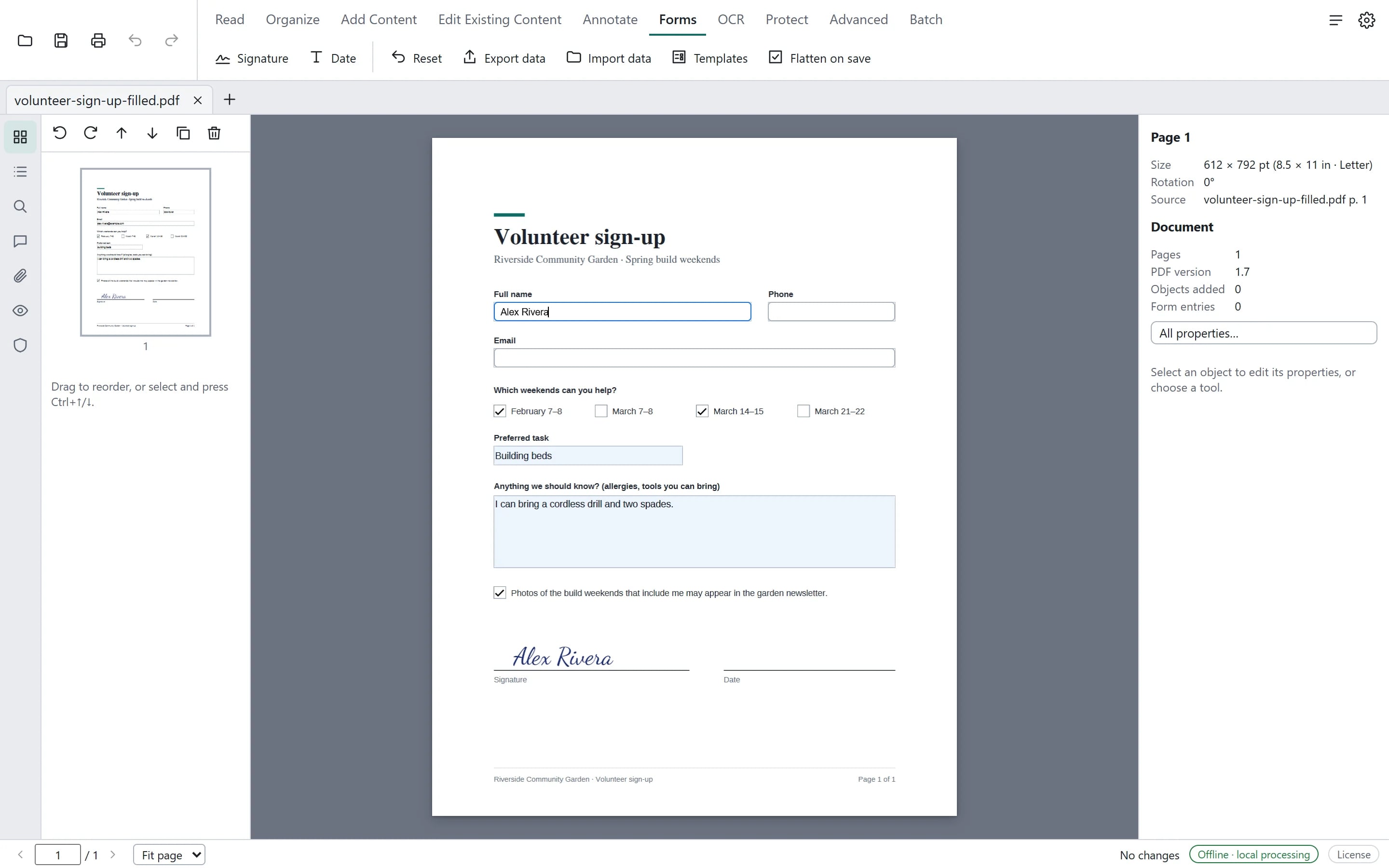 A filled volunteer sign-up form reopened in Pagewright: the Full name field is being edited, two weekends are ticked, a task is chosen, a note is typed and a visible signature sits on the signature line.