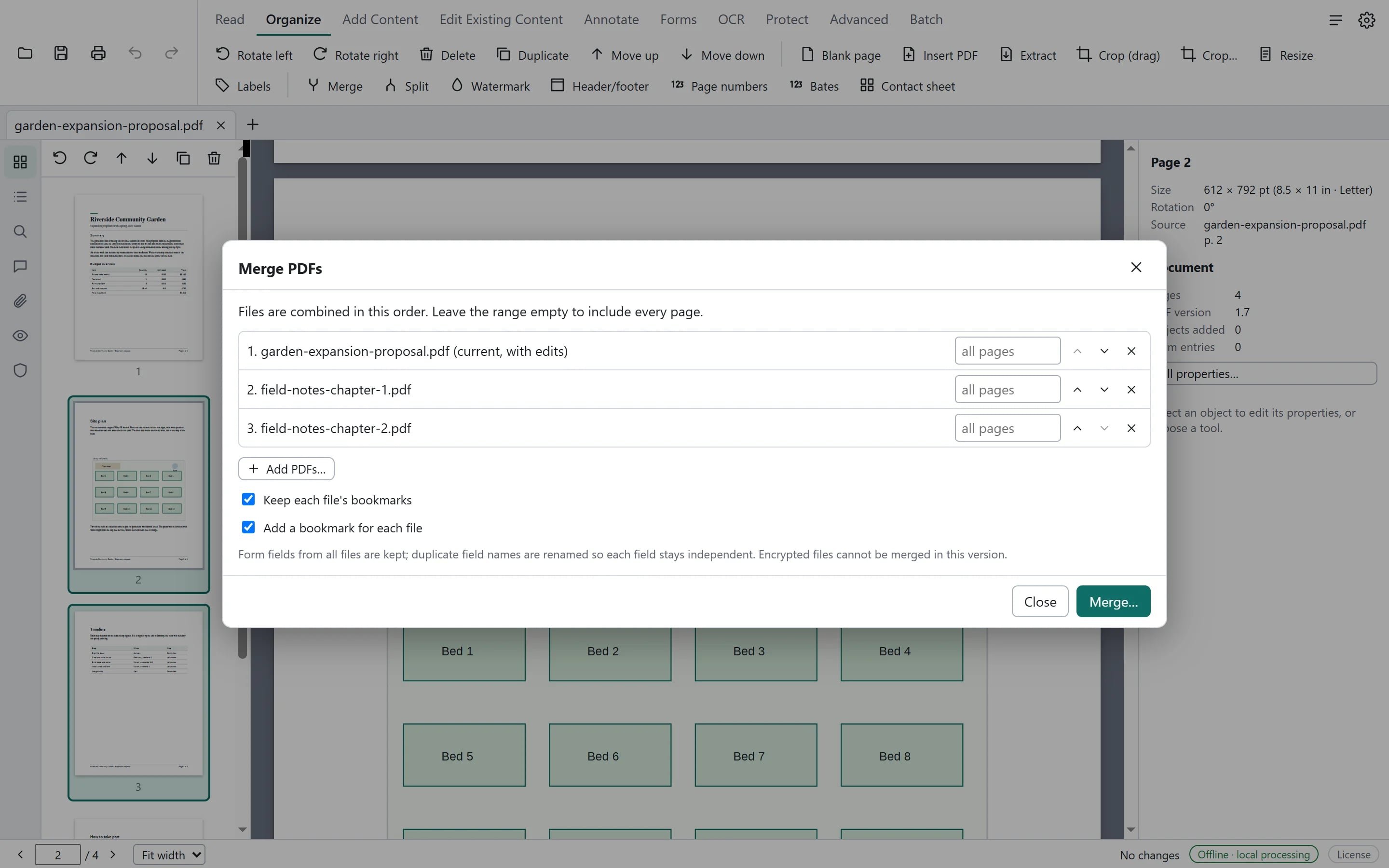 The Merge PDFs dialog listing three files in order, each with an optional page range and arrows to reorder them.