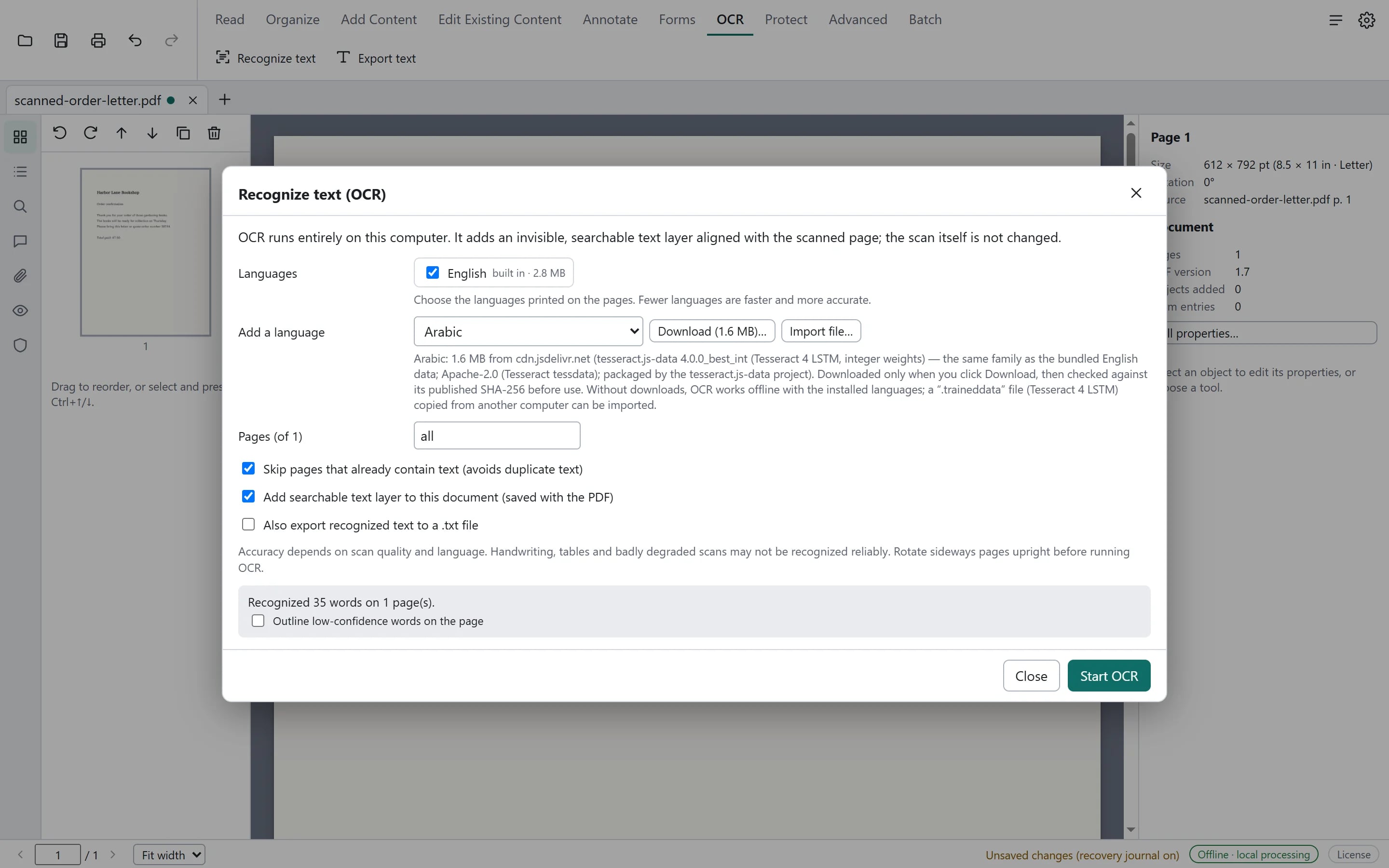 The Recognize text (OCR) dialog after a run, reporting 'Recognized 35 words on 1 page(s)', with options to add a searchable text layer and to export the text.