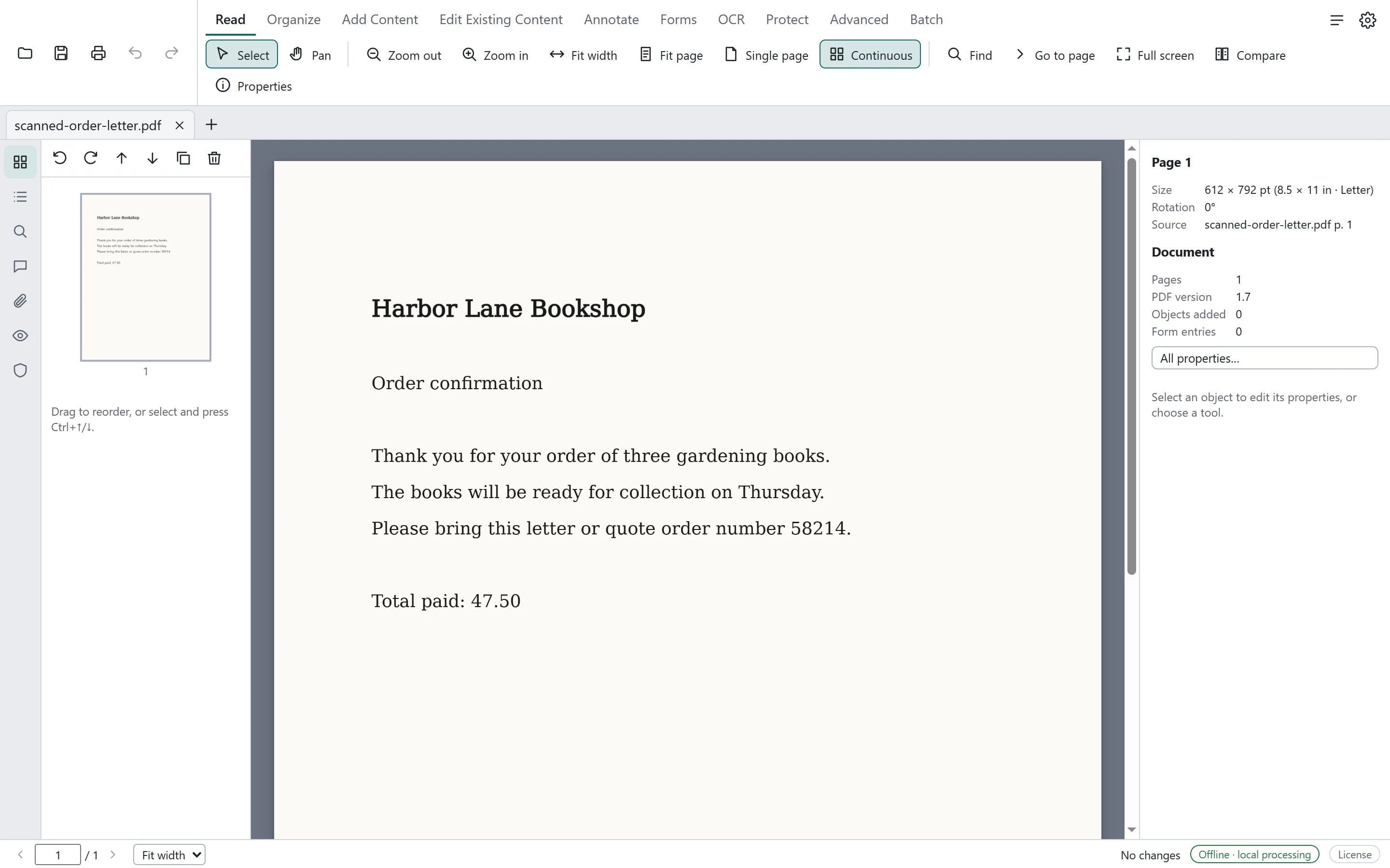 A scanned order letter open in Pagewright; the page is an image with no selectable text.