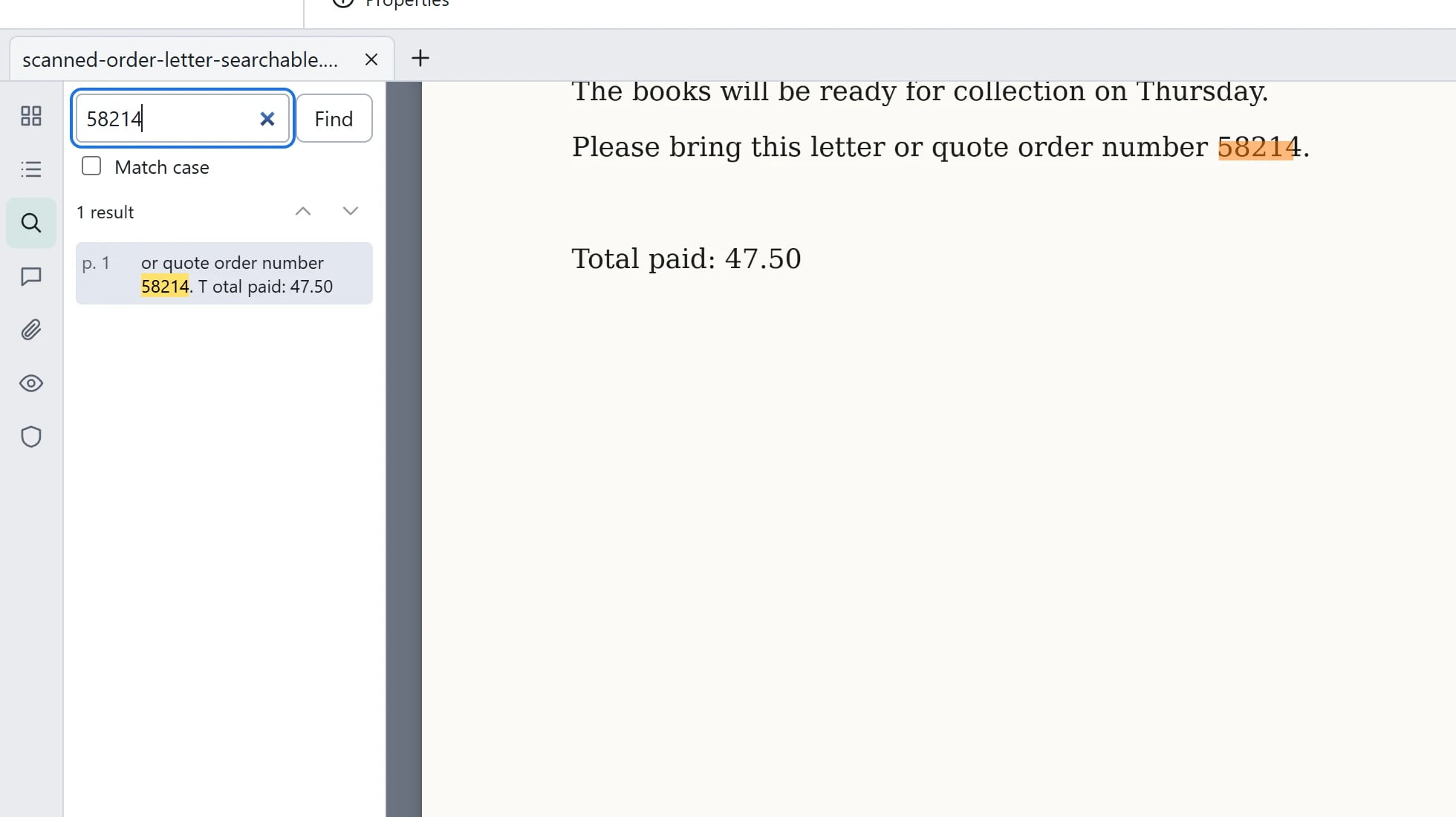 Close-up of search results after OCR: the search box contains 58214, one result is listed on page 1, and the number is highlighted in the scanned letter.