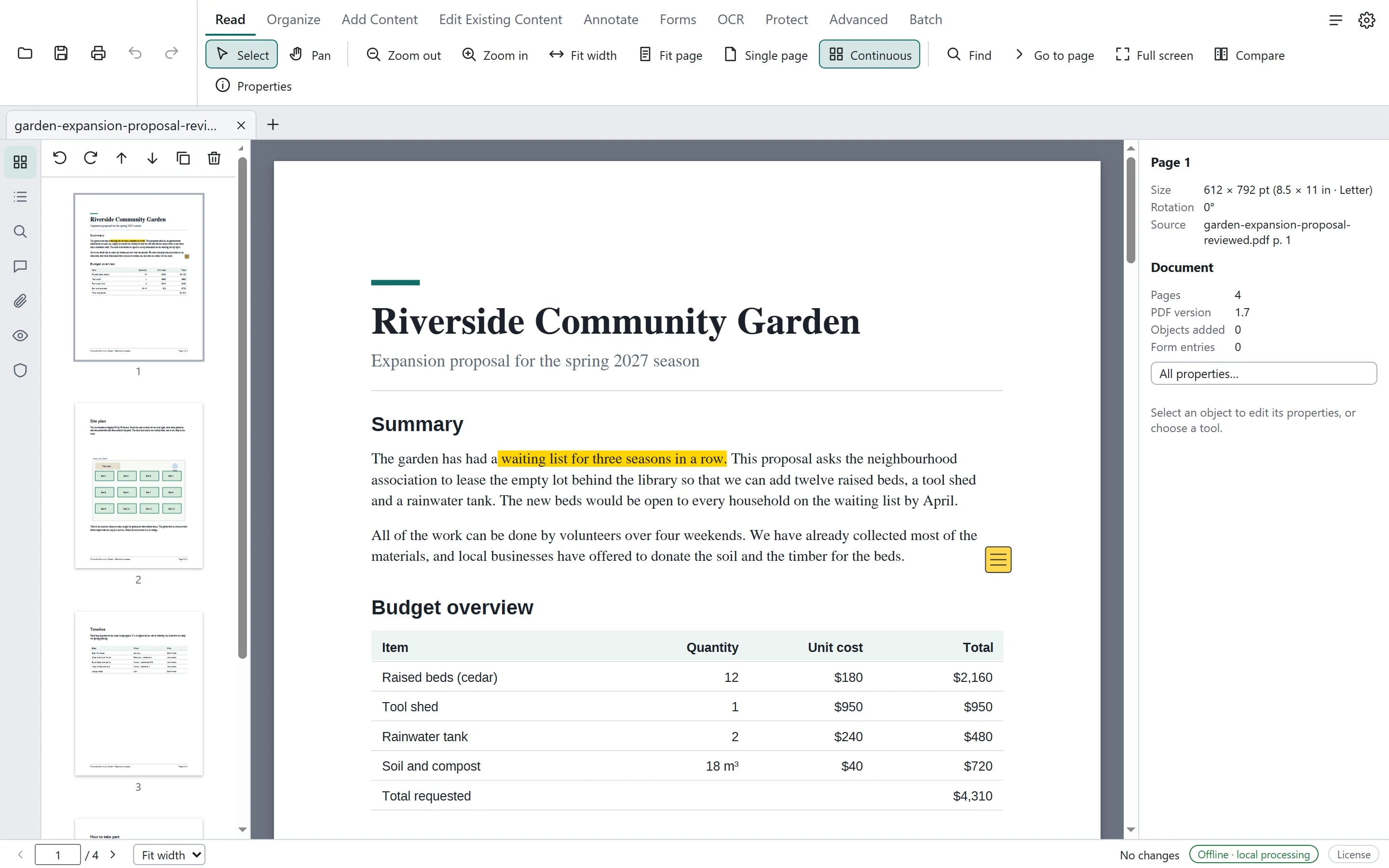 A PDF open in Pagewright with page thumbnails in the left sidebar and page properties on the right.