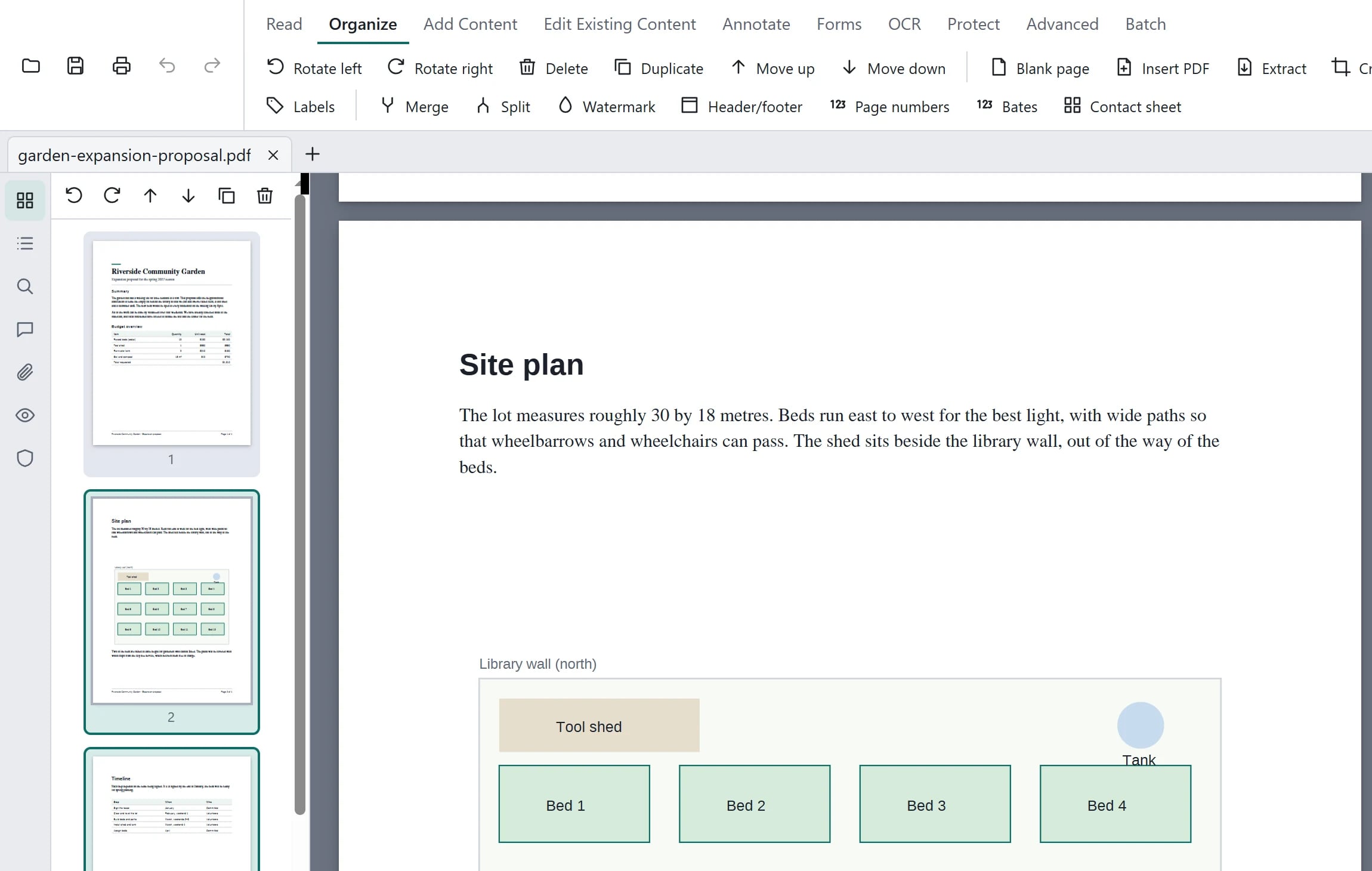 Close-up of the Organize tab: rotate, delete, duplicate, move, insert, extract, crop, labels, merge, split, watermark, header and footer, page numbers and Bates buttons, with pages 2 and 3 selected in the sidebar.
