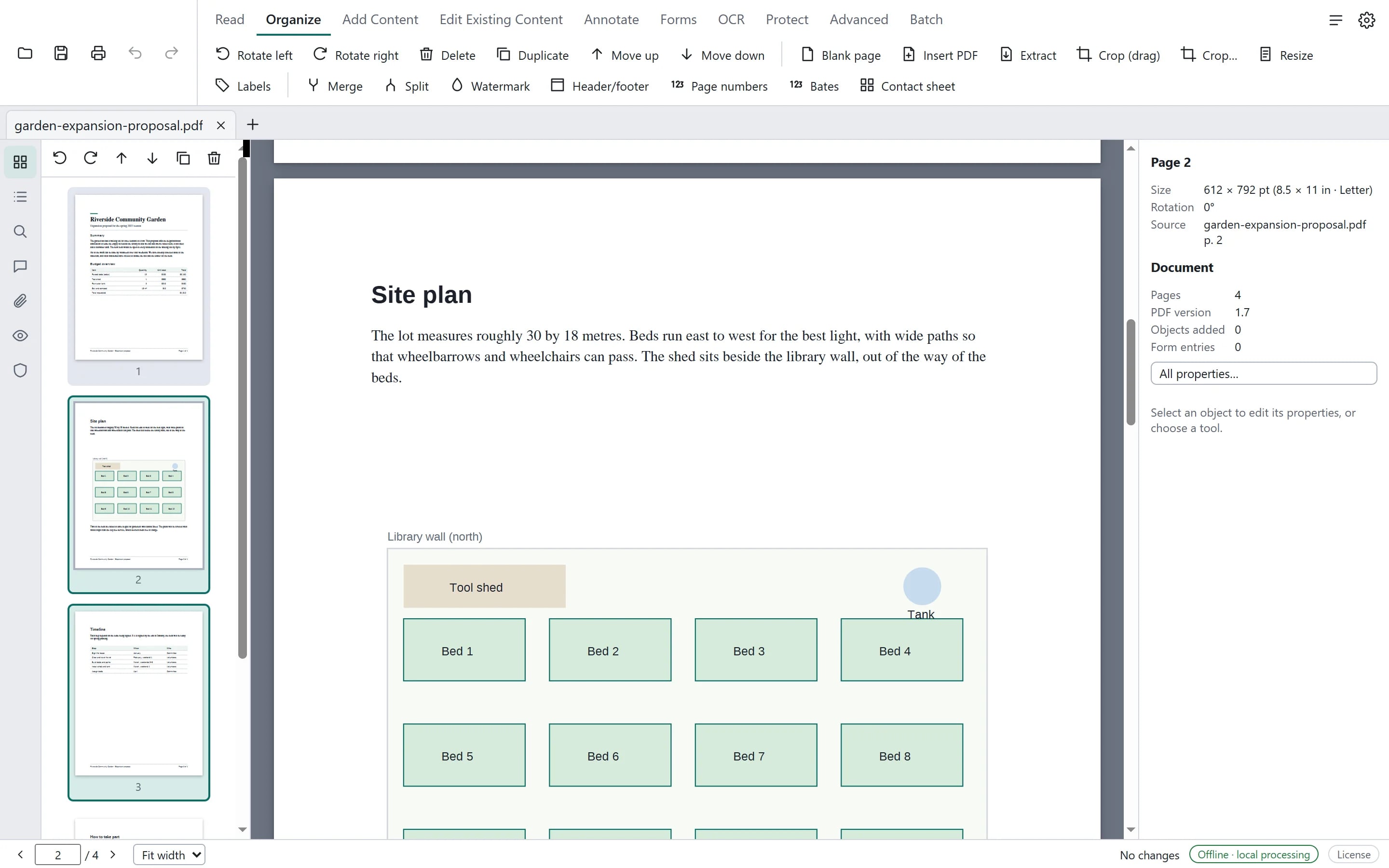 The Organize tab with tools to rotate, delete, duplicate, move, insert, extract, crop, resize, merge and split; pages 2 and 3 are selected in the thumbnail sidebar.