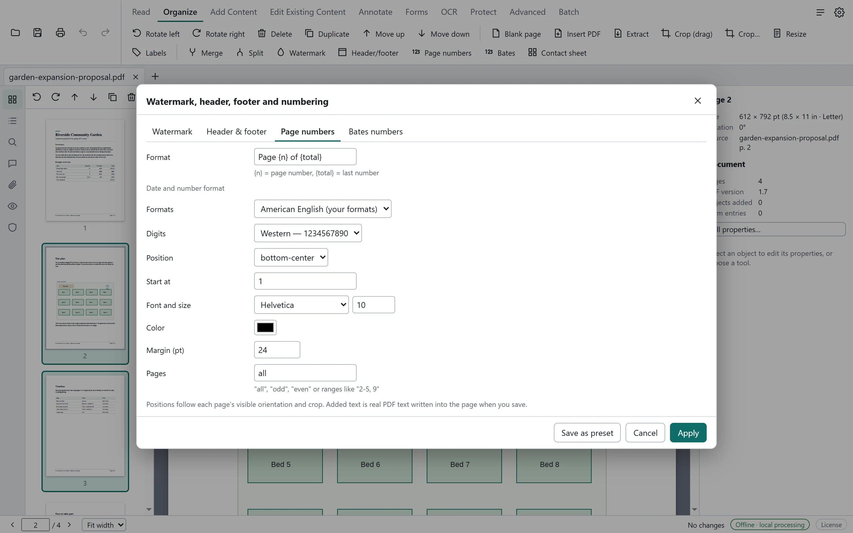The page numbers dialog with format 'Page {n} of {total}', position bottom-centre, font, size, colour, margin and page range settings.