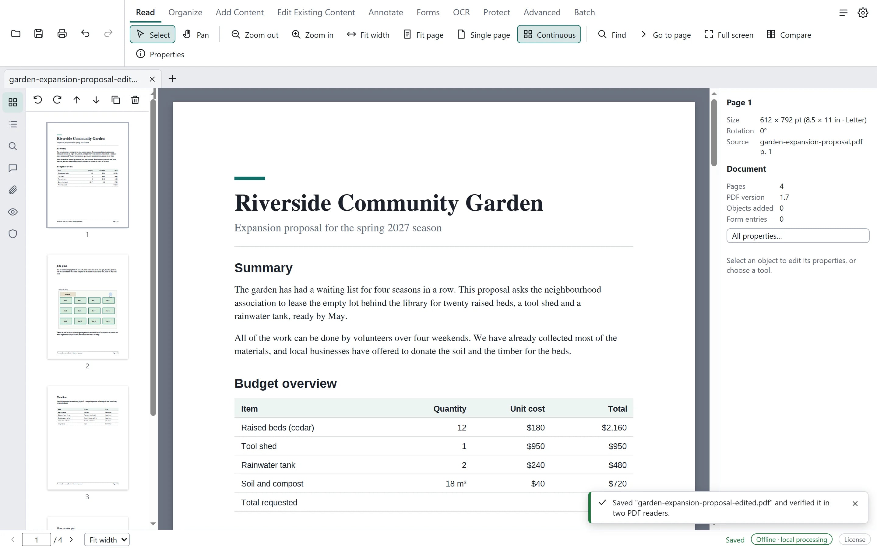 Pagewright after Save As, with the message 'Saved garden-expansion-proposal-edited.pdf and verified it in two PDF readers' and Saved in the status bar.