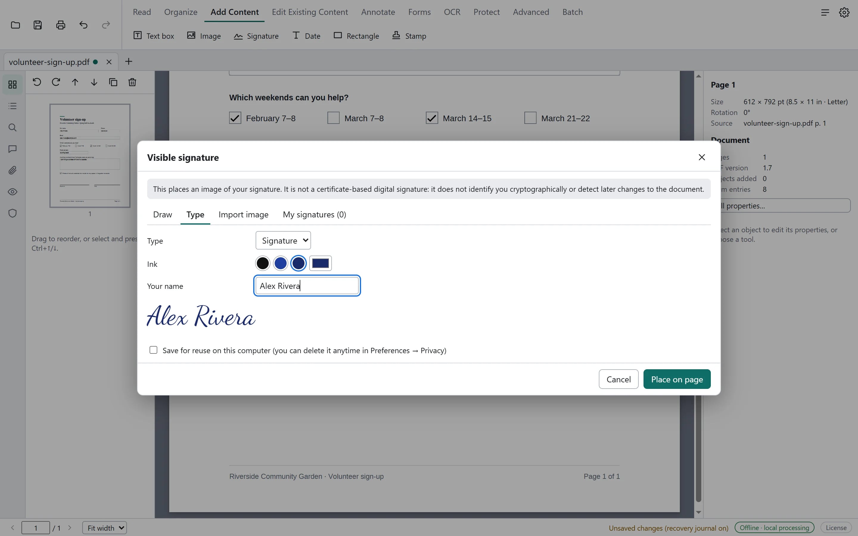 The Visible signature dialog with Draw, Type and Import image tabs; a typed name is shown in a handwriting style. A notice explains that this places an image of a signature and is not a certificate-based digital signature.